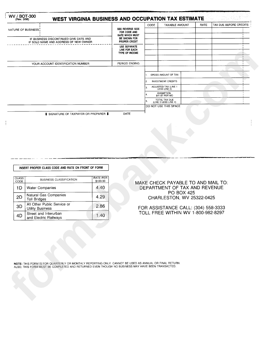 Form Wv/bot-300 - Business And Occupation Tax Estimate