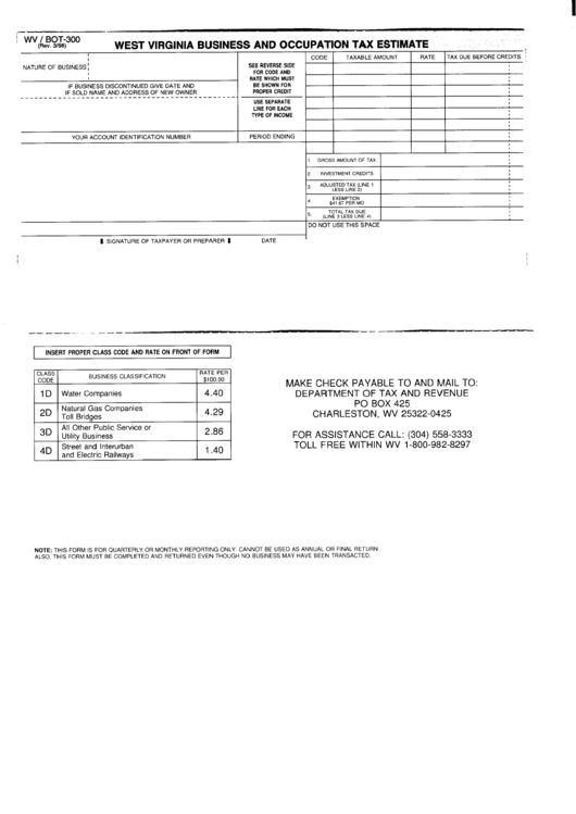 Form Wv/bot-300 - Business And Occupation Tax Estimate Printable pdf