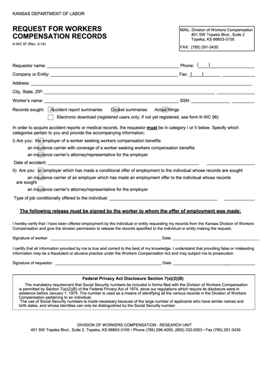 Fillable Form K-Wc 97 - Request For Workers Compensation Records Printable pdf