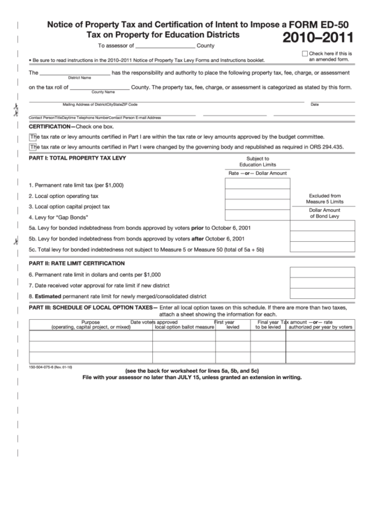 Fillable Form Ed-50 - Notice Of Property Tax And Certification Of Intent To Impose A Tax On Property For Education Districts - 2010-2011 Printable pdf