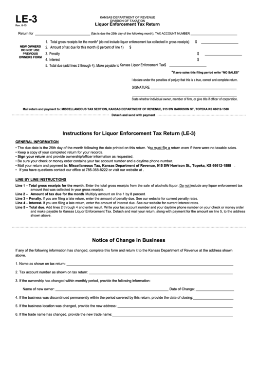 Fillable Form Le-3 - Liquor Enforcement Tax Return Printable pdf