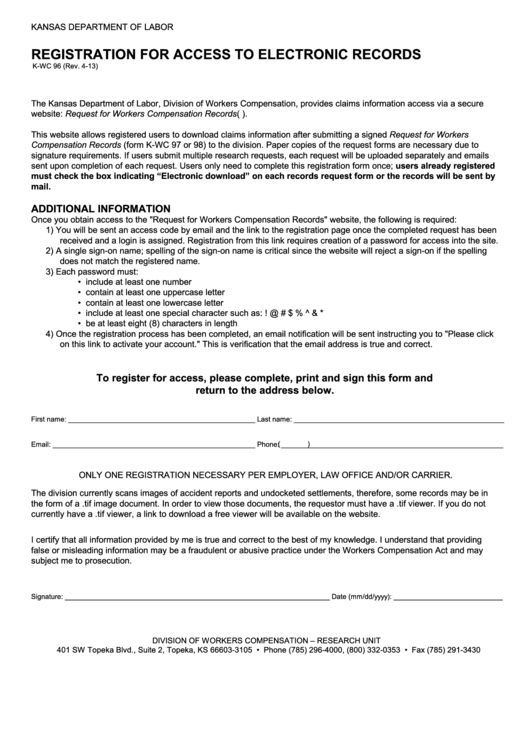 Form K-Wc 96 - Registration For Access To Electronic Records Form - Kansas Department Of Labor Printable pdf