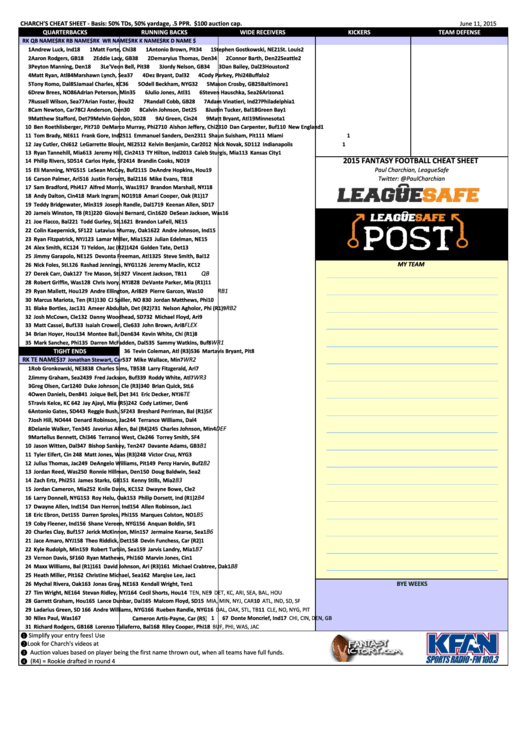 Fantasy Football Cheat Sheet - June 11 2015 Printable pdf