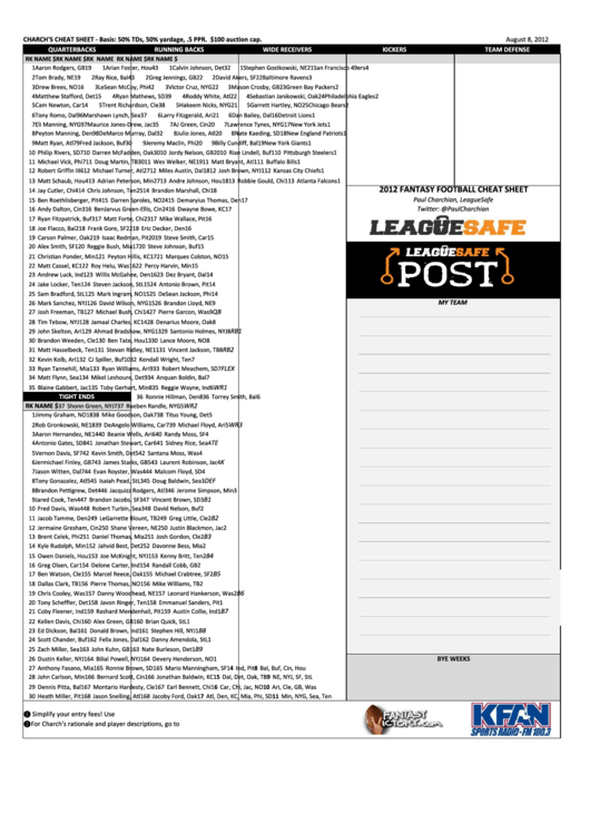 Fantasy Football Cheat Sheet - August 8 2012 Printable pdf