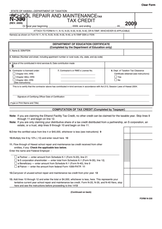 Form N-330 - School Repair And Maintenance Tax Credit - 2009 Printable pdf