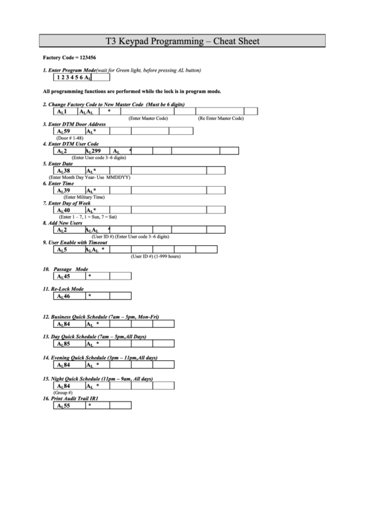 T3 Keypad Programming Cheat Sheet Printable pdf