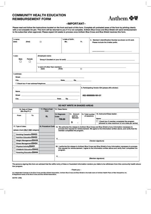 Community Health Education - Reimbursement Form Printable pdf