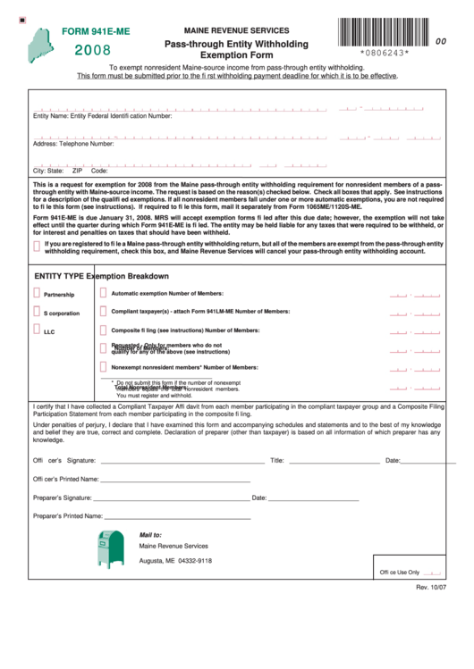 Form 941e-Me - Pass-Through Entity Withholding Exemption - 2008 Printable pdf