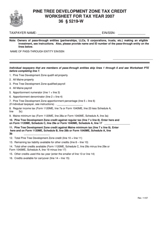 Pine Tree Development Zone Tax Credit Worksheet 2007 printable pdf