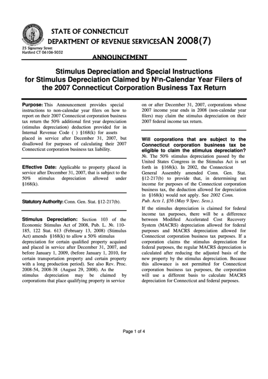 Form An 2008 - Special Instructions For Stimulus Depreciation Printable pdf