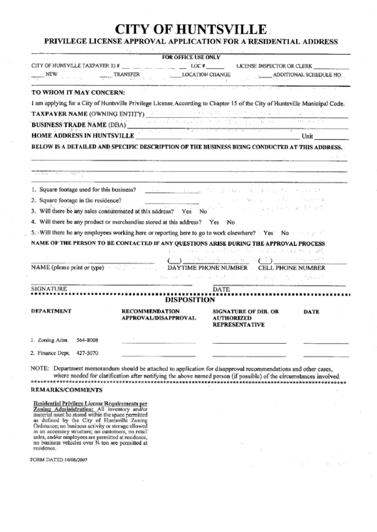 Privilege License Approval Application For A Residential Address Form - City Of Huntsville Printable pdf