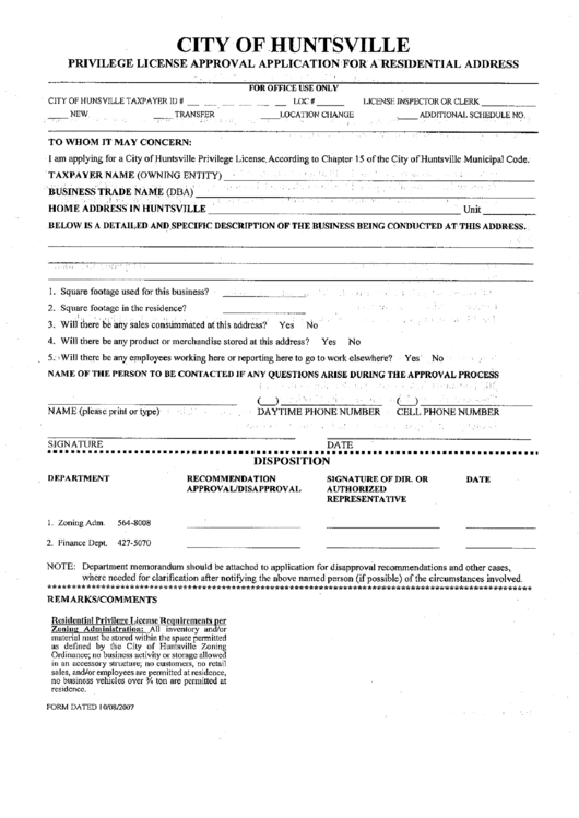 Privilege License Approval Application For A Residential Address Form City Of Huntsville