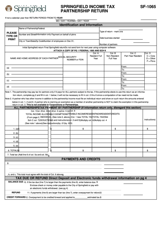 Form Sf-1065 - Income Tax Partnership Return Printable pdf