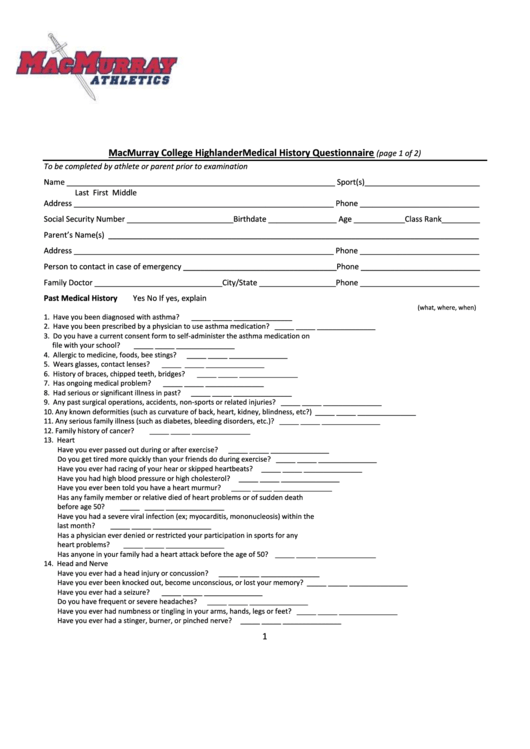 Medical History Questionnaire Form Printable pdf