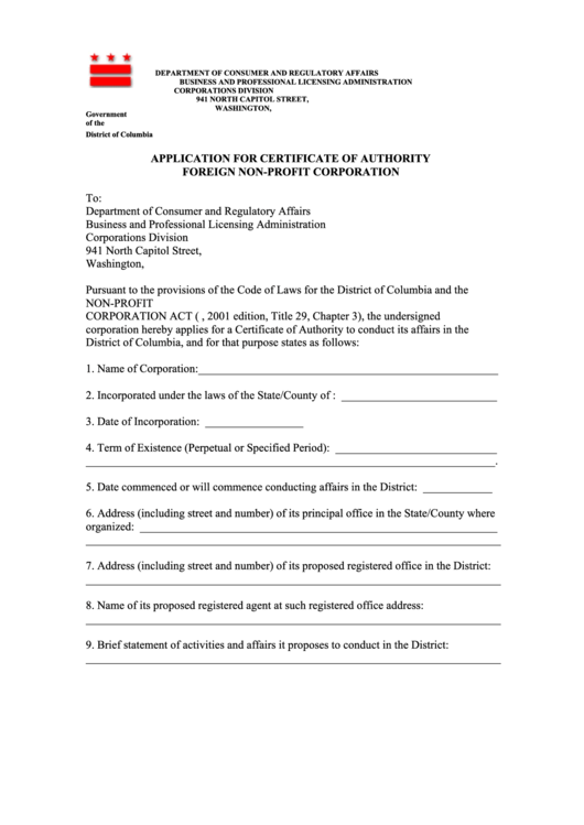 Application For Certificate Of Authority Foreign Non-Profit Corporation - Government Of The District Of Columbia Printable pdf