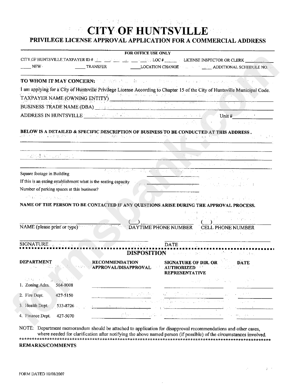 Privilege License Approval Application For A Commercial Address Form - City Of Huntsville