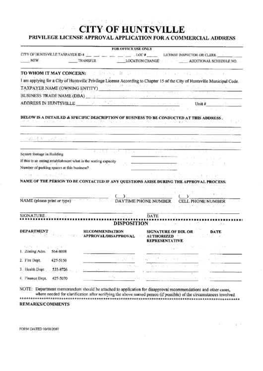 Fillable Privilege License Approval Application For A Commercial Address Form - City Of Huntsville Printable pdf