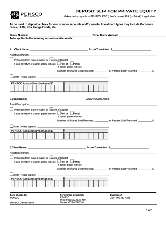 Fillable Deposit Slip For Private Equity Form Printable pdf