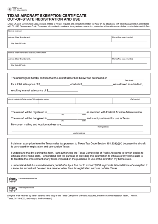 Fillable Form 01-907 - Texas Aircraft Exemption Certificate Out-Of-State Registration And Use Printable pdf