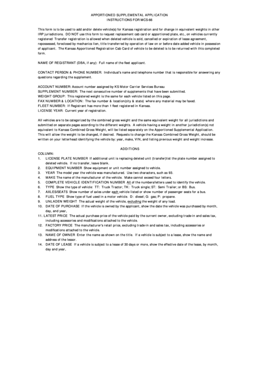 Instructions For Form Mcs-66 - Kansas Department Of Revenue Printable pdf