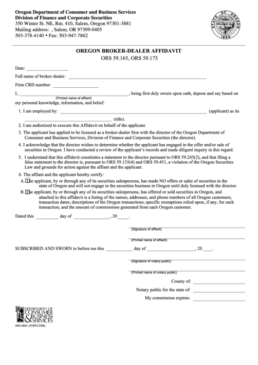Oregon Broker-Dealer Affidavit Form - Oregon Department Of Consumer And Business Services Printable pdf