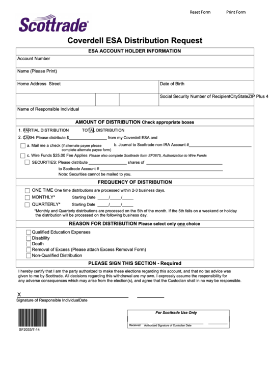 Fillable Form Sf2033 - Coverdell Esa Distribution Request 2014 Printable pdf