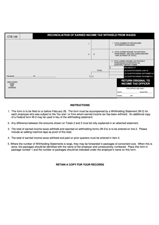 Form Ctb 105 - Reconciliation Of Earned Income Tax Withheld From Wages Printable pdf