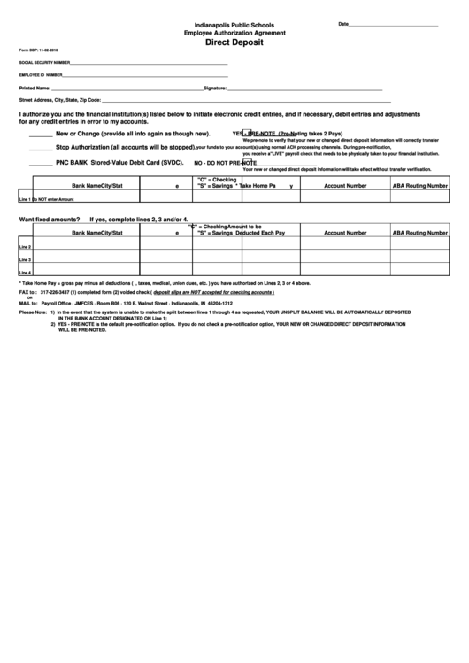 Direct Deposit Form - Employee Authorization Agreement - Indianapolis Public Schools - Printable pdf