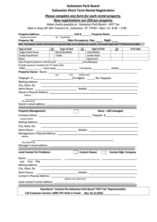 Fillable Galveston Short Term Rental Registration Form Printable pdf