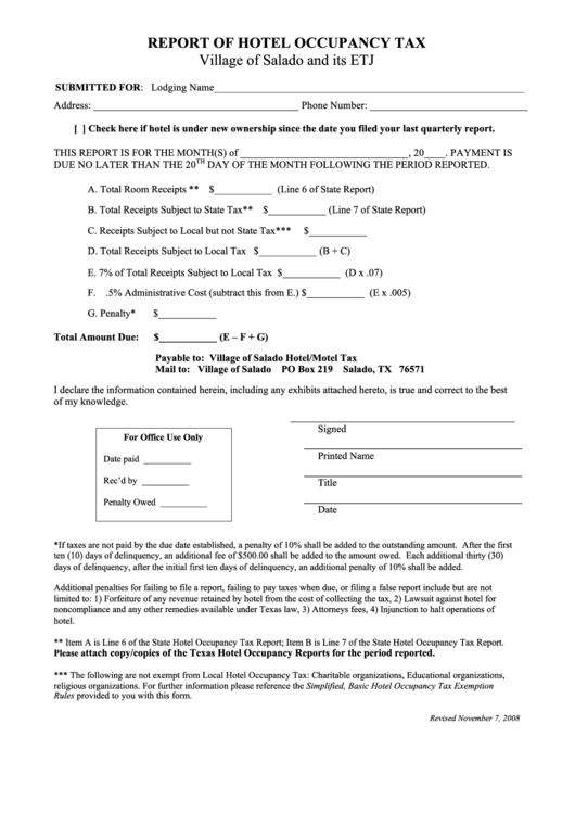 Report Of Hotel Occupancy Tax Form - Village Of Salado And Its Etj Printable pdf