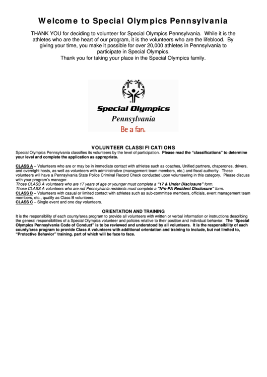 Volunteer Registration Application Form - Special Olympics Pennsylvania Printable pdf