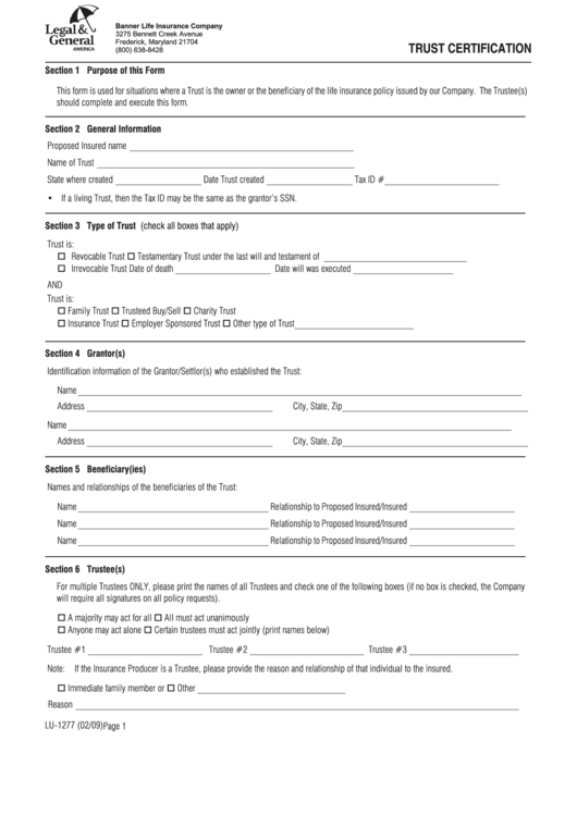Fillable Trust Certification Form Printable pdf
