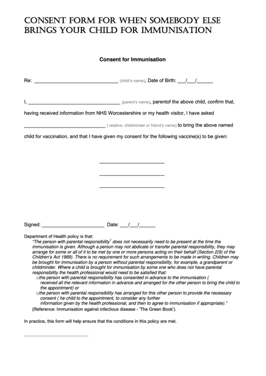 Consent Form For When Somebody Else Brings Your Child For Immunisation Printable pdf