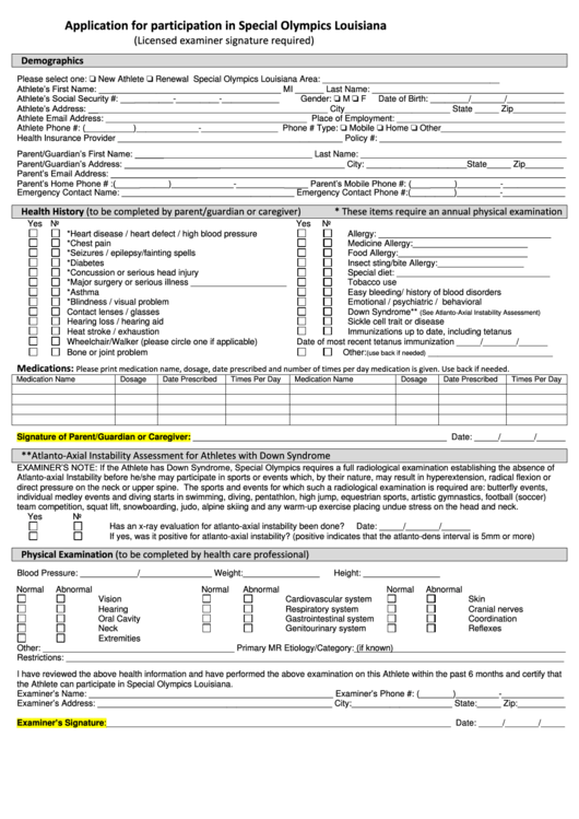 Fillable Application For Participation Form - Special Olympics Louisiana Printable pdf