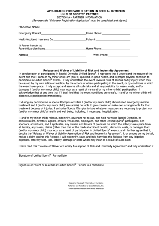 Application For Participation In Special Olympics Unified Sports Partner Printable pdf