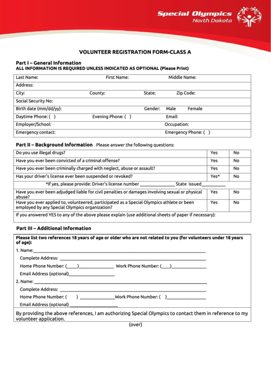 Volunteer Registration Form - Class A - Special Olympics North Dakota Printable pdf