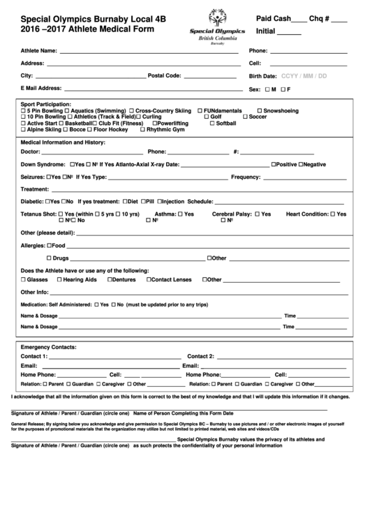 Special Olympics Athlete Medical Form