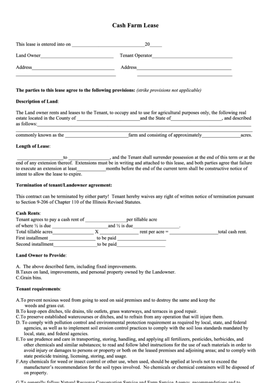 Cash Farm Lease Form Printable pdf