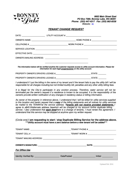 Fillable Tenant Change Request Form - Bonney Lake, Washington Printable pdf