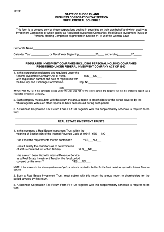 Form 1120f - Business Corporation Tax Section Supplemental Schedule Printable pdf