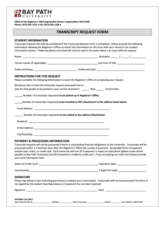 Transcript Request Form - Bay Path University Printable pdf