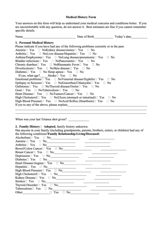 Medical History Form Printable pdf