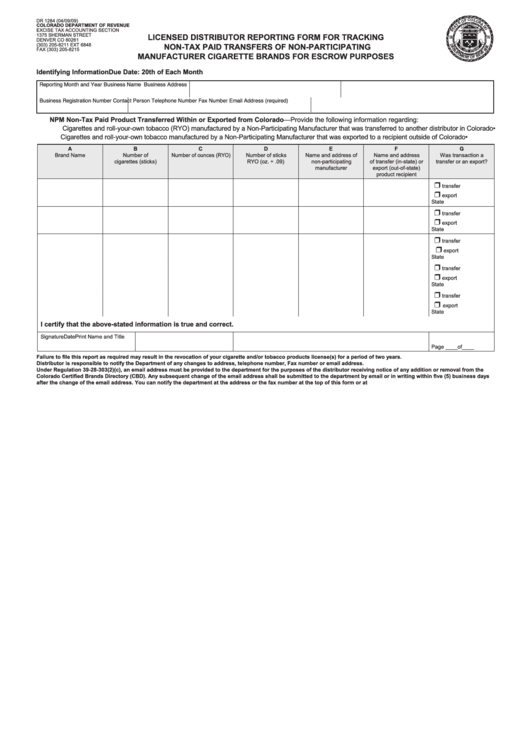 Form Dr 1284 - Licensed Distributor Reporting Form For Tracking Non-Tax Paid Transfers Of Non-Participating Manufacturer Cigarette Brands For Escrow Purposes Printable pdf