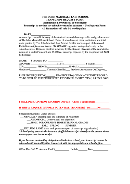 Transcript Request Form - The John Marshall Law School Printable pdf