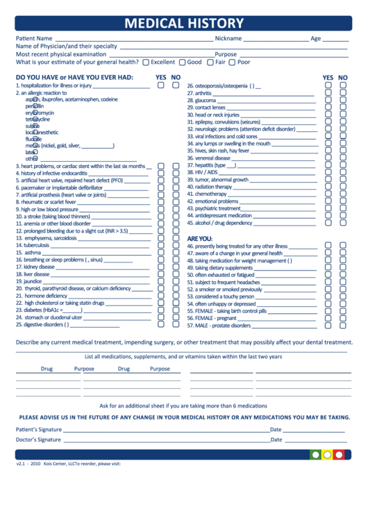 Medical History - Blue Printable pdf