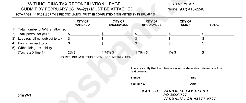 Form W-3 - Withholding Tax Reconcilation