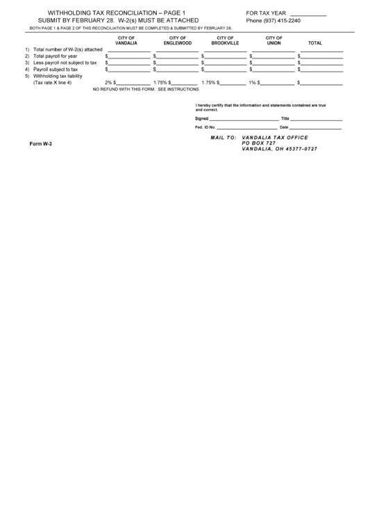 Form W-3 - Withholding Tax Reconcilation Printable pdf