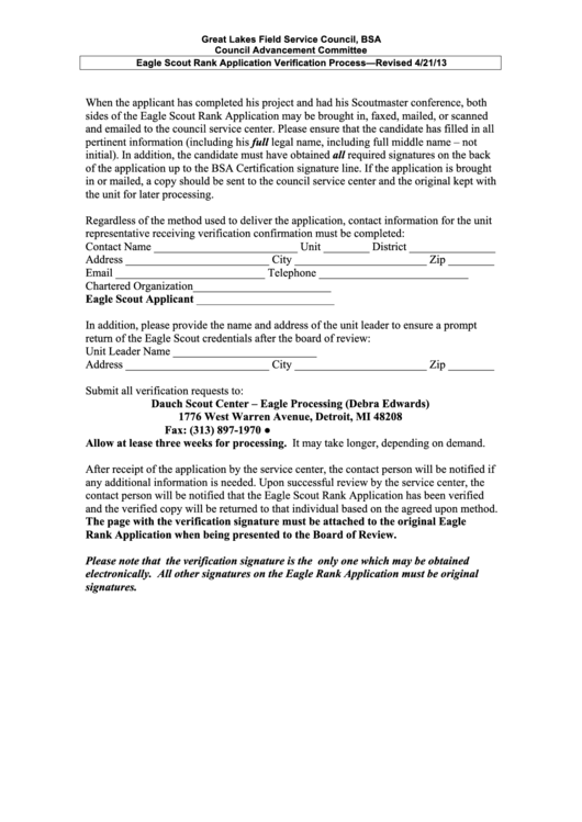 Eagle Scout Rank Application Verification Process Form - Great Lakes Field Service Council, Bsa
