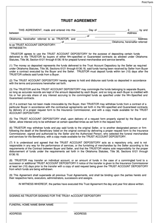 Fillable Trust Agreement Form - Oklahoma Printable pdf