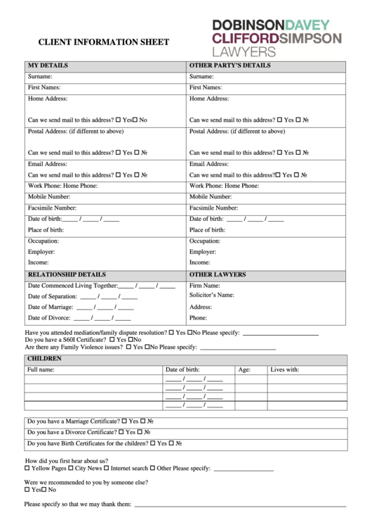 Client Information Sheet Printable pdf